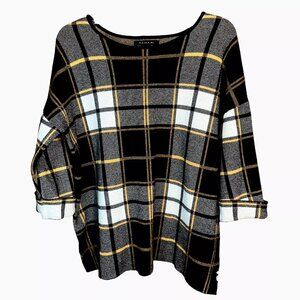 Tahari Plaid Sweater Round Neck Cuffed Sleeves Soft Luxury Designer Sweater 1X